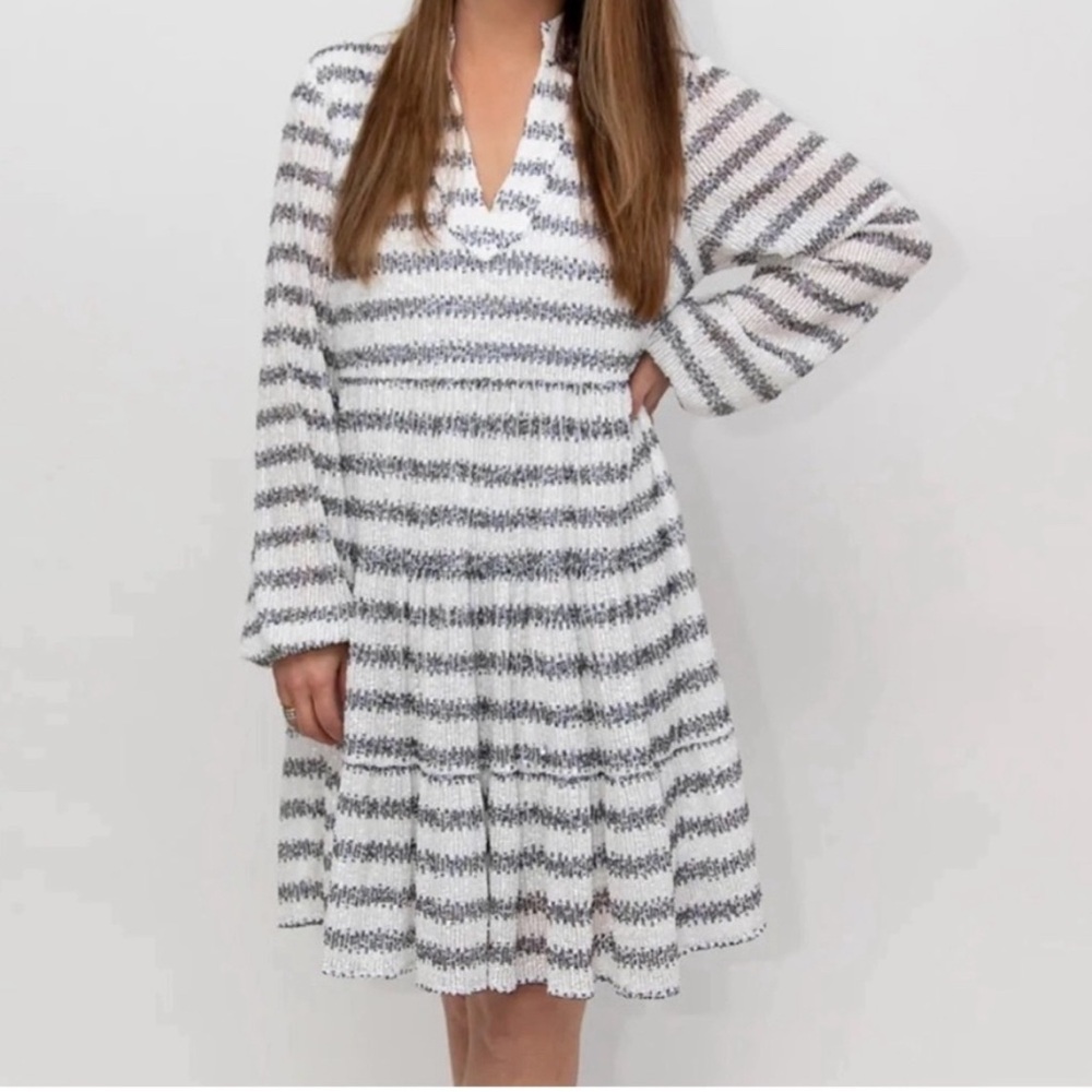 Sail to Sable White and Gray Striped Midi Dress